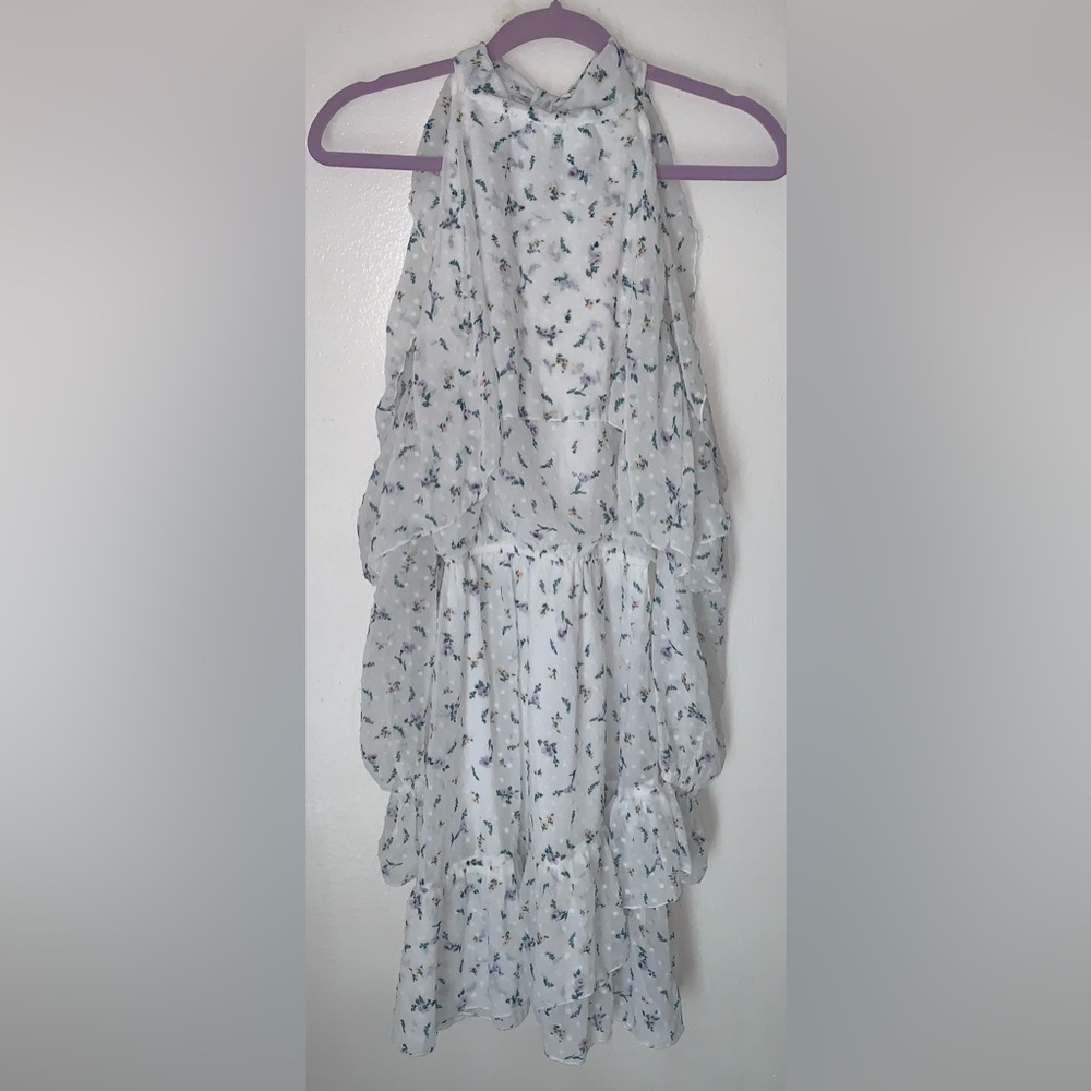 The Fashion Poet Clip Dot Cold Shoulder Ruffle Long Sleeve Dress XS;White Multi